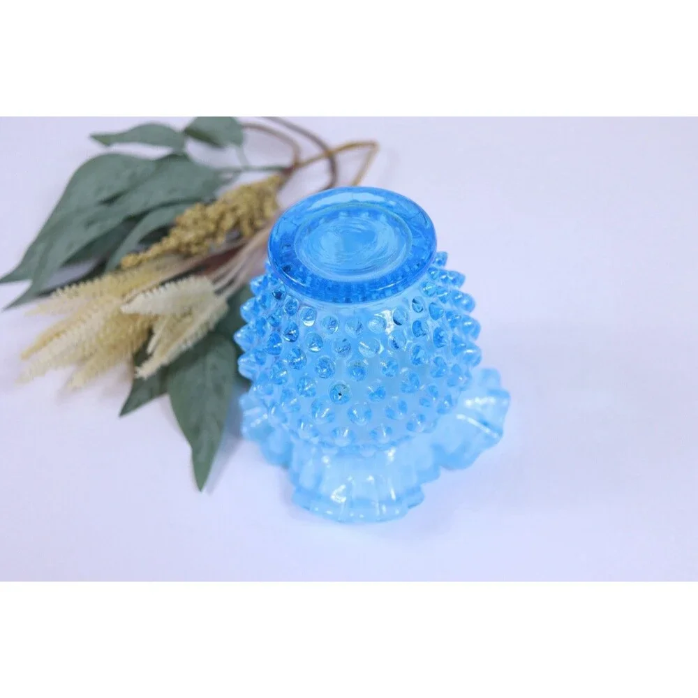 Vintage Fenton Opalescent Hobnail Ruffled Vase Light Turquoise 4.5”